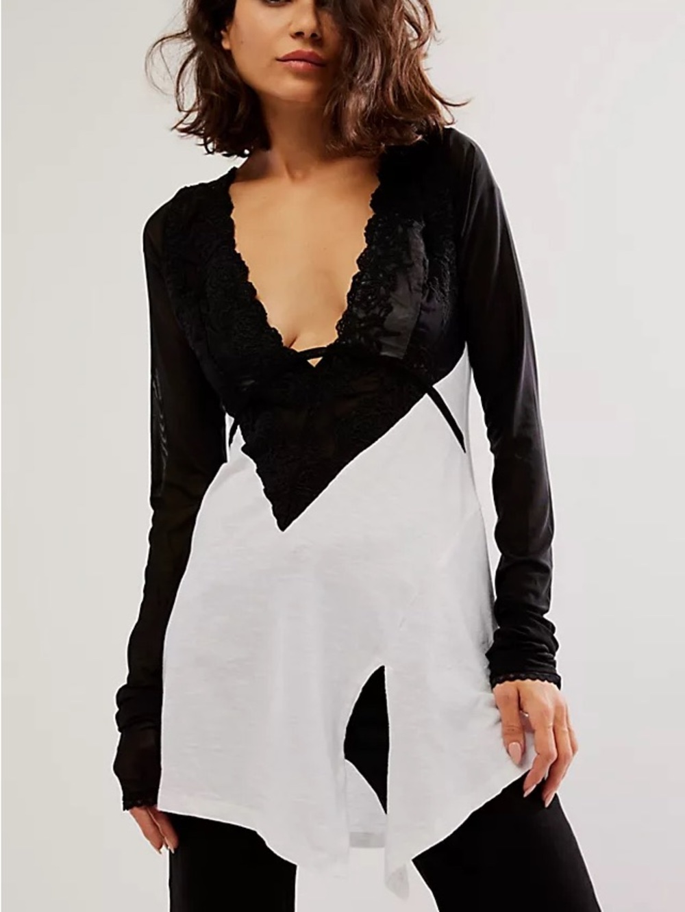 Free People Black and White Lace-Trim V-Neck Tunic Chemise